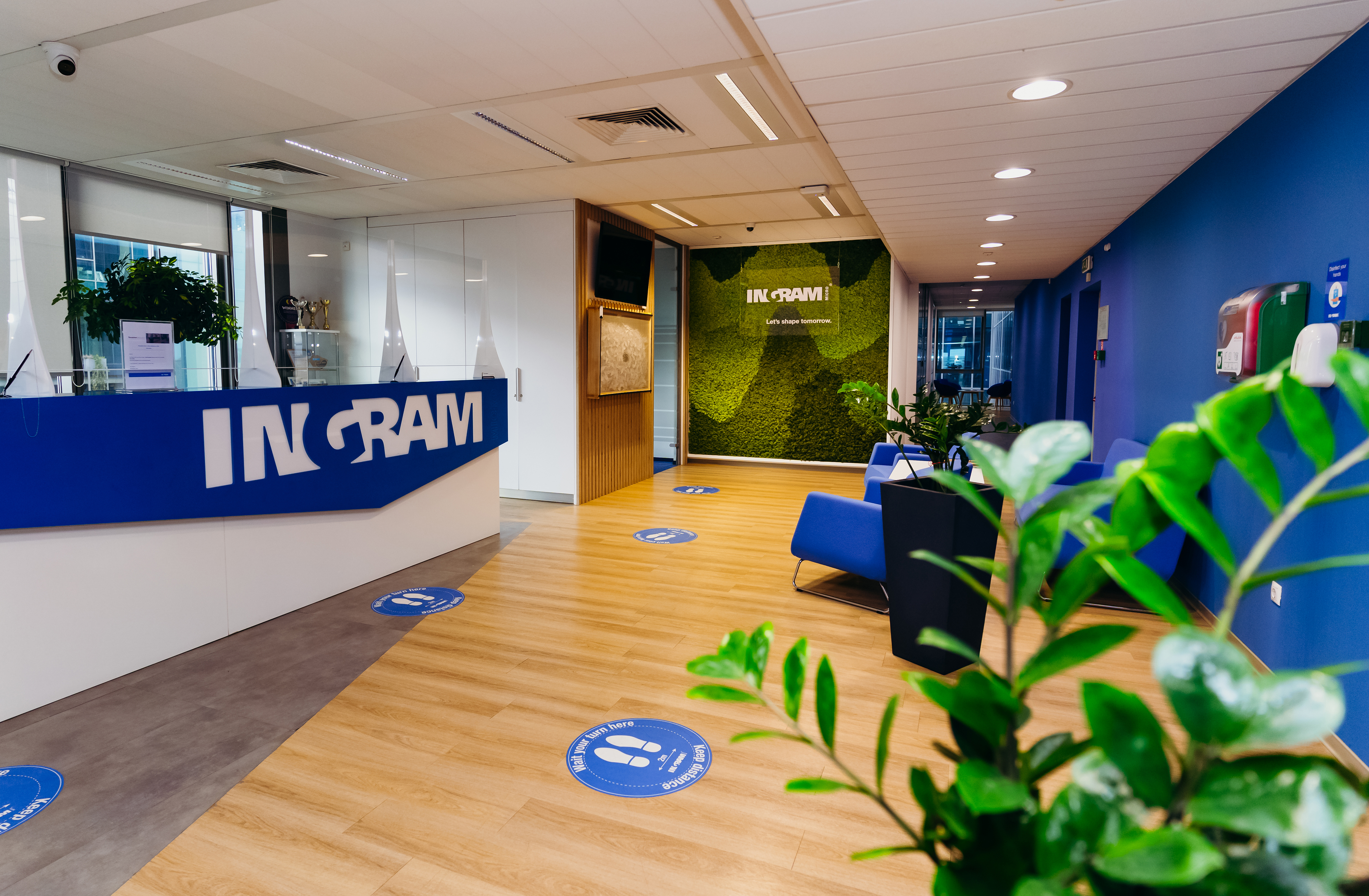 a room with blue chairs and a green wall