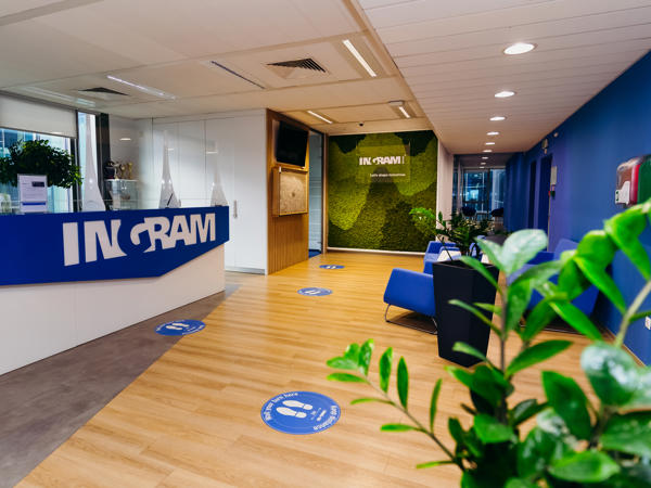a room with blue chairs and a green wall