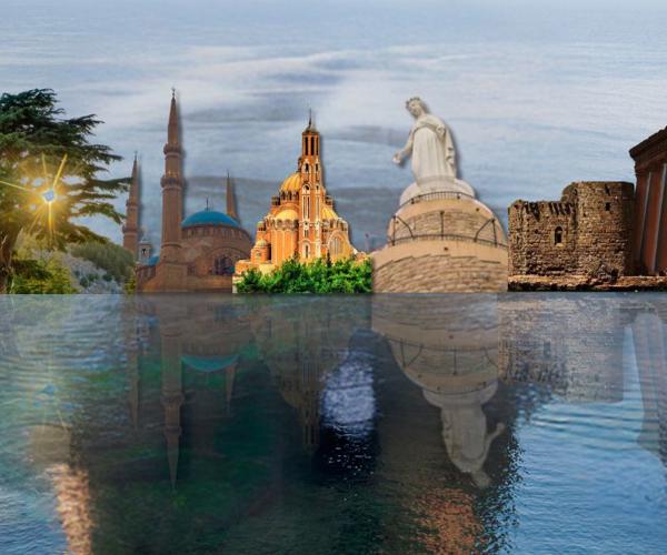 a water body with buildings and a statue