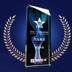 a glass trophy with a blue background