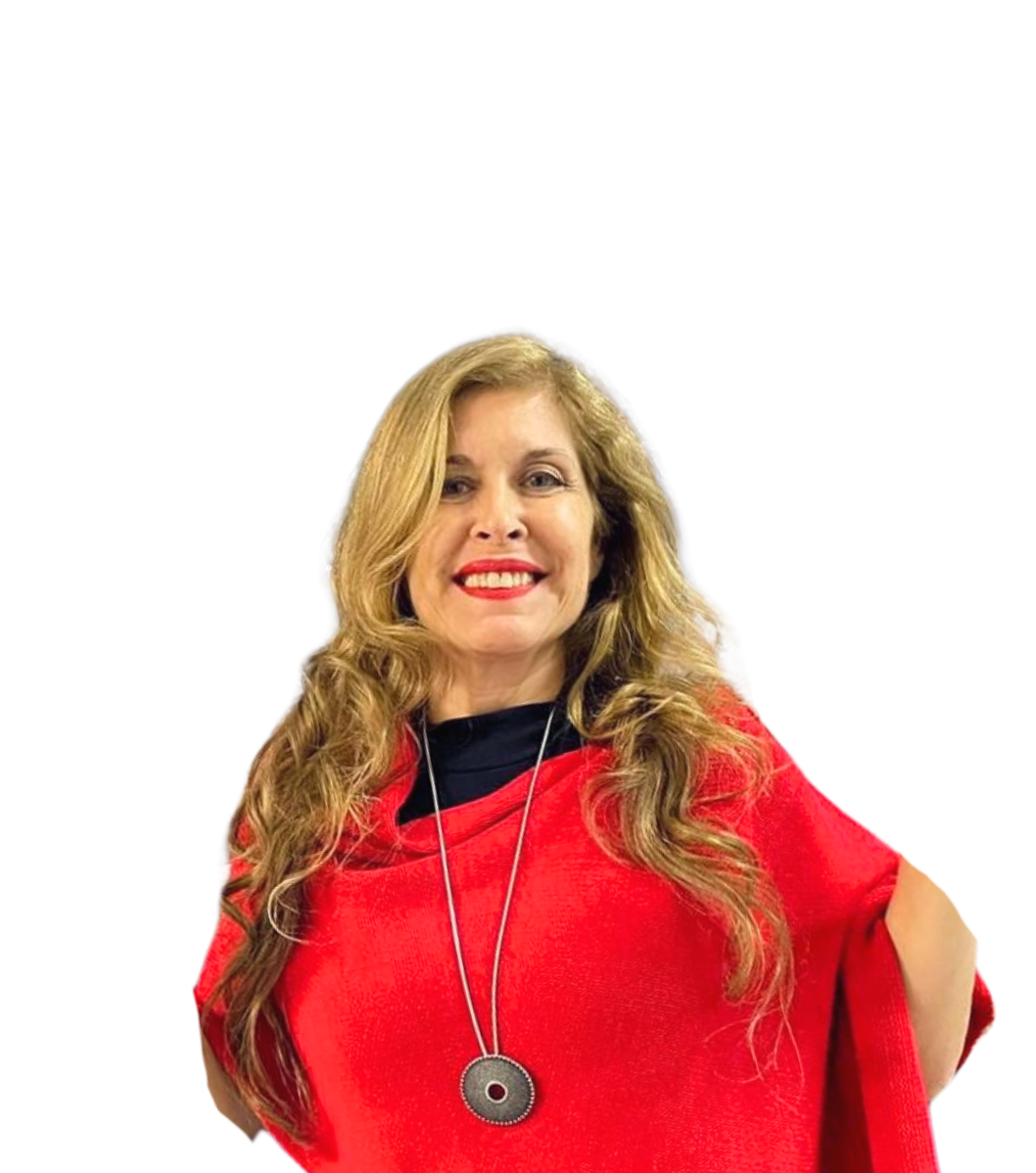 a person with long hair wearing a red shirt and necklace