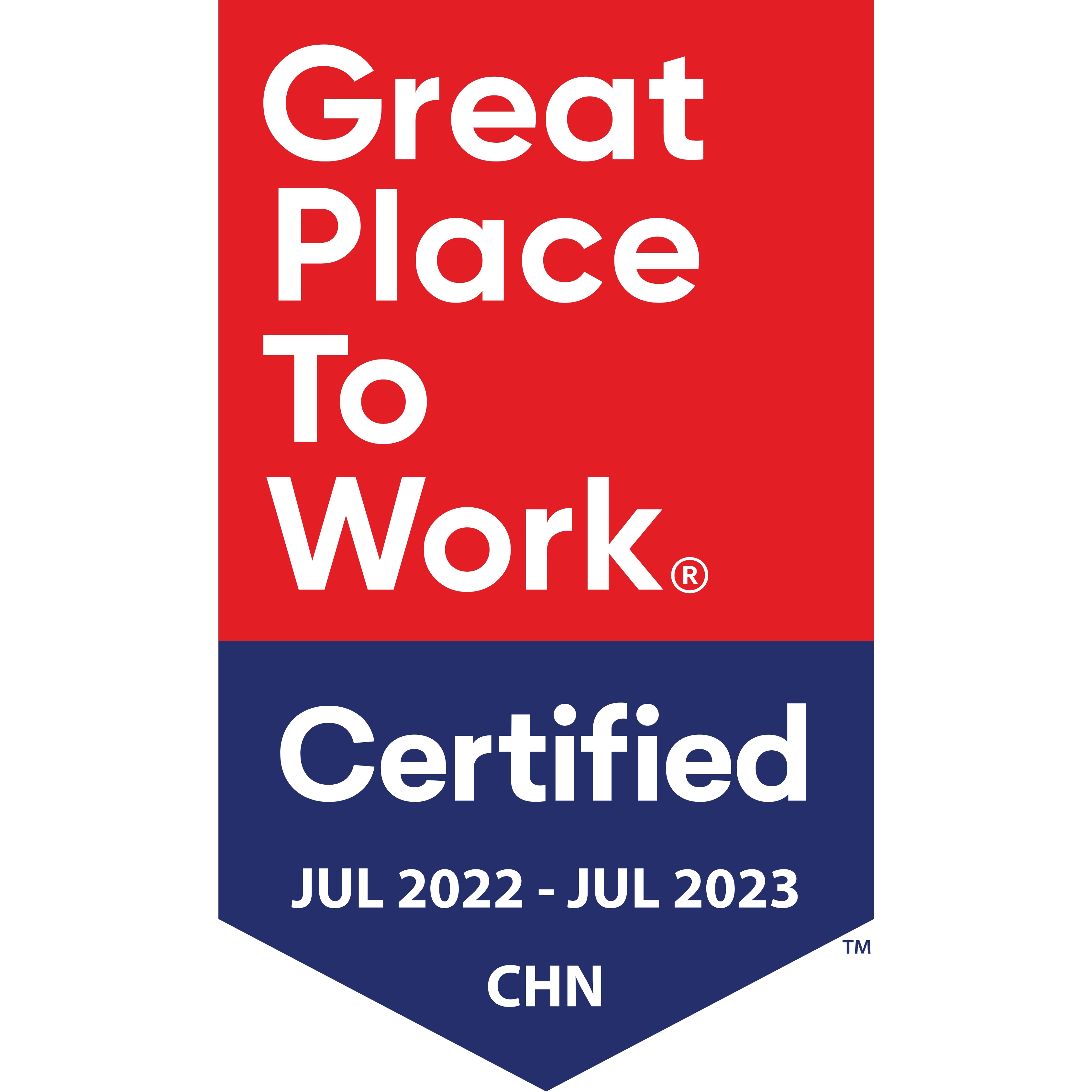 a red and blue label with white text