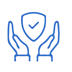 a blue line drawing of hands holding a shield